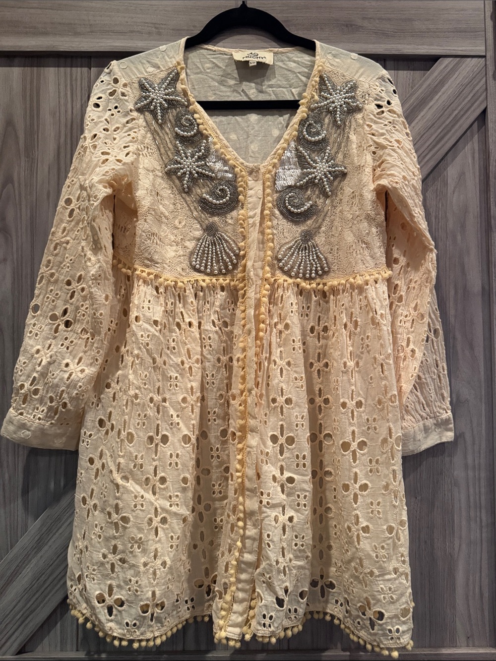NWOT Cream Embroidered Eyelet Swim Coverup with Beaded Shell Accents S/M